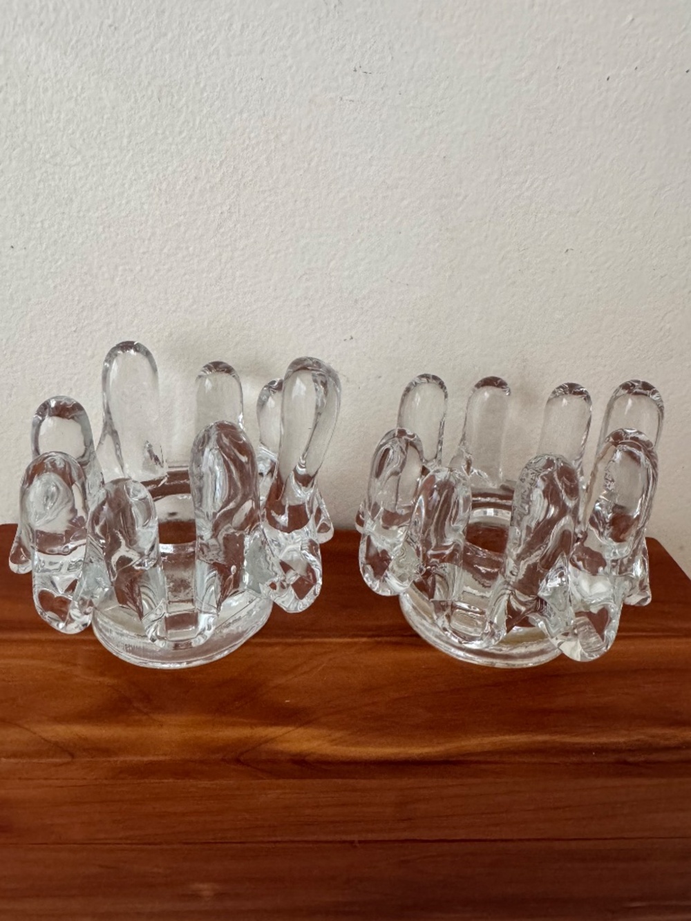 Vintage Italia Clear Glass Sculptural Candlestick Holders Set of 2